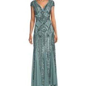 NWT R & M Richards Cap Sleeve V-Neck Godet Insets Embroidered Sequin Dress